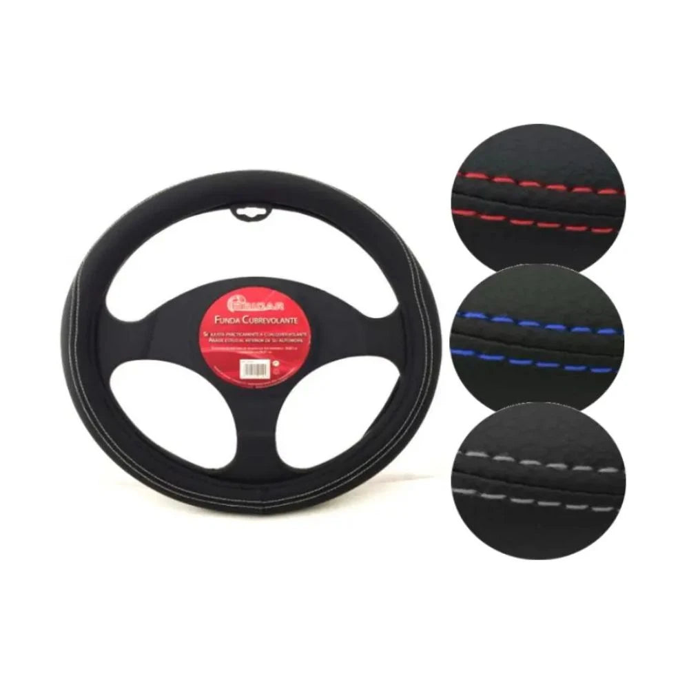 FUNDA DE VOLANTE UNIVERSAL NEGRA - AJUSTE 37 A 39 CM CON COSTURA DE COLOR