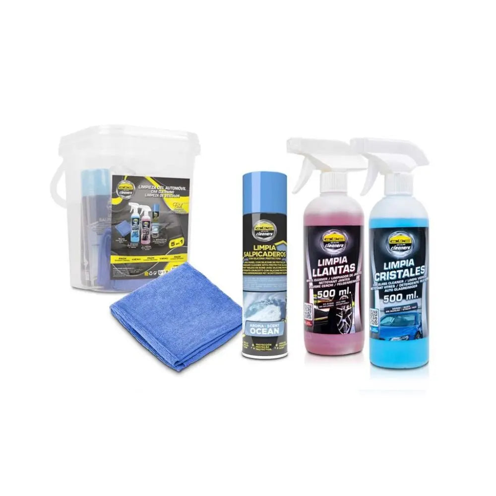 KIT COMPLETO LIMPIEZA COCHE 5 EN 1 – INTERIOR Y EXTERIOR (INCLUYE CUBO)